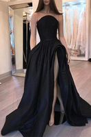 Bridelily Sexy Black Slit Sleeveless Designer Evening Dress
