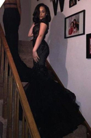 Bridelily Sexy Black Tulle Appliques ShortSleeves Beadings Mermaid Prom Dress