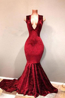 Bridelily Sexy Burgundy Mermaid Prom Dresses VNeck Long Print Evening Gowns