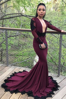 Bridelily Sexy Mermaid Long Sleeves Prom Dresses 2019 Appliques Open Back Evening Dresses with Beadings SK0041