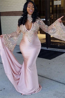 Bridelily Sexy Pink VNeck Mermaid Prom Dresses 2019 Long Sleeves Appliques Evening Dresses with Choker SK0087
