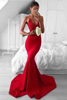 Bridelily Sexy Red VNeck Lace Mermaid Lace Long Prom Dress
