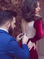 Bridelily Sheath Jewel Long Sleeves FloorLength With Ruffles Velvet Dresses