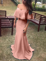 Bridelily Sheath Sleeveless OffTheShoulder SweepBrush Train With Ruffles Satin Dresses