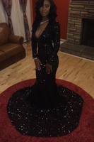 Bridelily Shiny Black Sequins LongSleeves DeepVNeck Sexy Prom Dresses