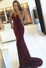 Bridelily Shiny Mermaid Burgundy Prom Dresses 2019 Vneck Straps Backless Sequined Formal Dress