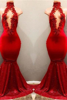 Bridelily Shiny Red Mermaid Prom Dresses High Keyhole Neckline Evening Gowns