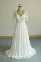 Bridelily Short Sleeve Vneck Lace Chiffon Wedding Dress