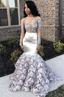 Bridelily Silver FlowersPretty Prom Dresses 2019 Long Sleeve Beads Lace Mermaid Graduation Dress FB0371