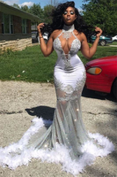 Bridelily Silver Mermaid Ombre Prom Dresses 2020 with Feather