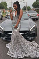 Bridelily Silver Sequins Vneck Sexy Prom Dress Rose Bottom Sleeveless 2019 Evening Gown FB0291