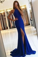 Bridelily Simple RoyalBlue Mermaid Prom Dresses 2019 Side Slit Halter Evening Gowns SK0016