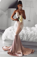 Bridelily Spaghetti Straps Vneck Pink Prom Dresses Lace Mermaid 2019 Cheap Formal Evening Gown FB02019AN0