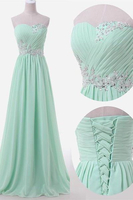 Bridelily Sweetheart Sky Blue Mint Chiffon Prom Dresses Lace Beading Sweep Train Laceup Back Bridesmaid Dresses