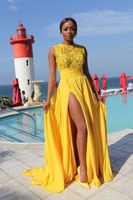 Bridelily Yellow Chiffon SideSlit HighNeck Sleeveless Sexy Long Evening Dresses