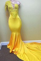 Bridelily Yellow one shoulder mermaid prom dress lace evening dresses 2019