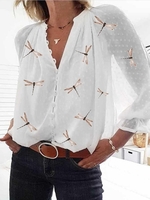 Anniecloth Floral 1 White Women Tops Casual V Neck Chiffon Long Sleeve Daily Tops
