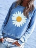 Anniecloth Floral Blue Women Tops Cotton-Blend Casual Crew Neck Long Sleeve Daily Tops