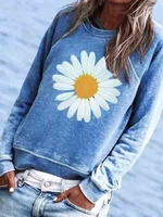 Anniecloth Floral Blue Women Tops Cotton-Blend Casual Crew Neck Long Sleeve Daily Tops