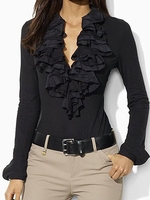 Anniecloth Long Sleeve 1 Black Women Blouses V Neck Cotton-Blend Casual Blouses