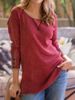 Aws.anniecloth Long Sleeve 1 Red Blue Gray Women Tops Casual Cotton-Blend Round Neck Tops
