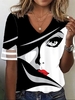 Casual Abstract Summer V neck No Elasticity Daily Jersey Regular NL T-shirts for Women
