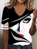 Casual Abstract Summer V neck No Elasticity Daily Jersey Regular NL T-shirts for Women