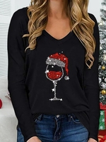 Casual Autumn Christmas V neck High Elasticity Holiday Loose Jersey Long sleeve T-shirt for Women