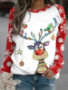 Casual Christmas Deer Print Crew Neck Long Sleeve Sweatshirt - Anniecloth