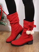 Casual Christmas Winter Fuzzy Ball Wearable Block Heel Closed Toe Faux Suede Rubber Boots for Women