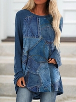 Casual Color Block All Season Natural Micro-Elasticity Daily Loose Crew Neck H-Line T-shirt for Women