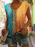 Casual Color Block Spring Polyester V neck Micro-Elasticity Sleeveless Regular Regular Tops for Women