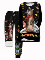 Casual Color Block Winter Natural Micro-Elasticity Loose Top With Pants Thicken H-Line Two Piece Sets for Women