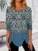 Casual Ethnic Autumn Buttoned Micro-Elasticity Jersey Long sleeve Crew Neck Plus Size Tops for Women