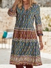 Casual Ethnic Autumn V neck Natural Midi Three Quarter Cotton-Blend Regular Size Dresses for Women