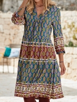 Casual Ethnic Autumn V neck Natural Midi Three Quarter Cotton-Blend Regular Size Dresses for Women