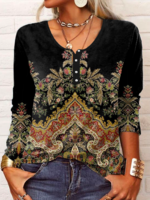 Casual Ethnic Spring/Fall Buttoned Jersey Best Sell Long Sleeve Crew Neck H-Line T-shirts for Women