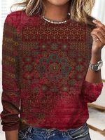 Casual Ethnic Spring/Fall Daily Loose Standard Long sleeve Crew Neck H-Line T-shirts for Women
