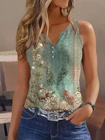 Casual Ethnic Summer No Elasticity Jersey Sleeveless Notched Regular Regular Tank Tops for Women