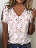 Casual Ethnic Summer Polyester V neck Daily Loose Short sleeve Regular T-shirts for Women