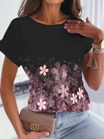 Casual Floral Autumn Natural Micro-Elasticity Daily Regular Fit Crew Neck H-Line T-shirt for Women
