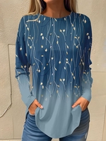 Casual Floral Spring/Fall Daily Jersey Long Sleeve Crew Neck Mid-long H-Line T-shirts for Women