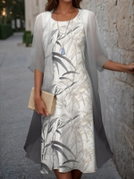 Casual Floral Spring/Fall No Elasticity Daily Loose Three Quarter Sleeve Crew Neck Coat With Skirt Two-Piece Sets for Women