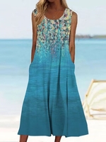 Casual Floral Summer Polyester Natural Midi Crew Neck A-Line No Dresses for Women