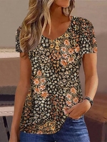 Casual Floral Summer V neck Daily Loose Jersey Short sleeve NL Shirts for Women