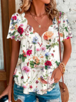 Casual Floral Summer V neck Daily Loose Jersey Short sleeve Regular T-shirts for Women