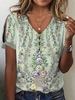 Casual Floral Summer V neck Daily Loose Short sleeve H-Line Buckle T-shirts for Women