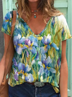 Casual Floral Summer V neck No Elasticity Loose Short Sleeve Regular Regular T-shirts for Women