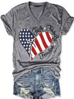 Casual Letter Summer V neck Lightweight Micro-Elasticity Fit Cotton-Blend Regular T-shirts for Women