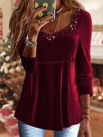 Casual Plain Autumn Glitter Daily Loose Long sleeve Glitter Regular Tops for Women